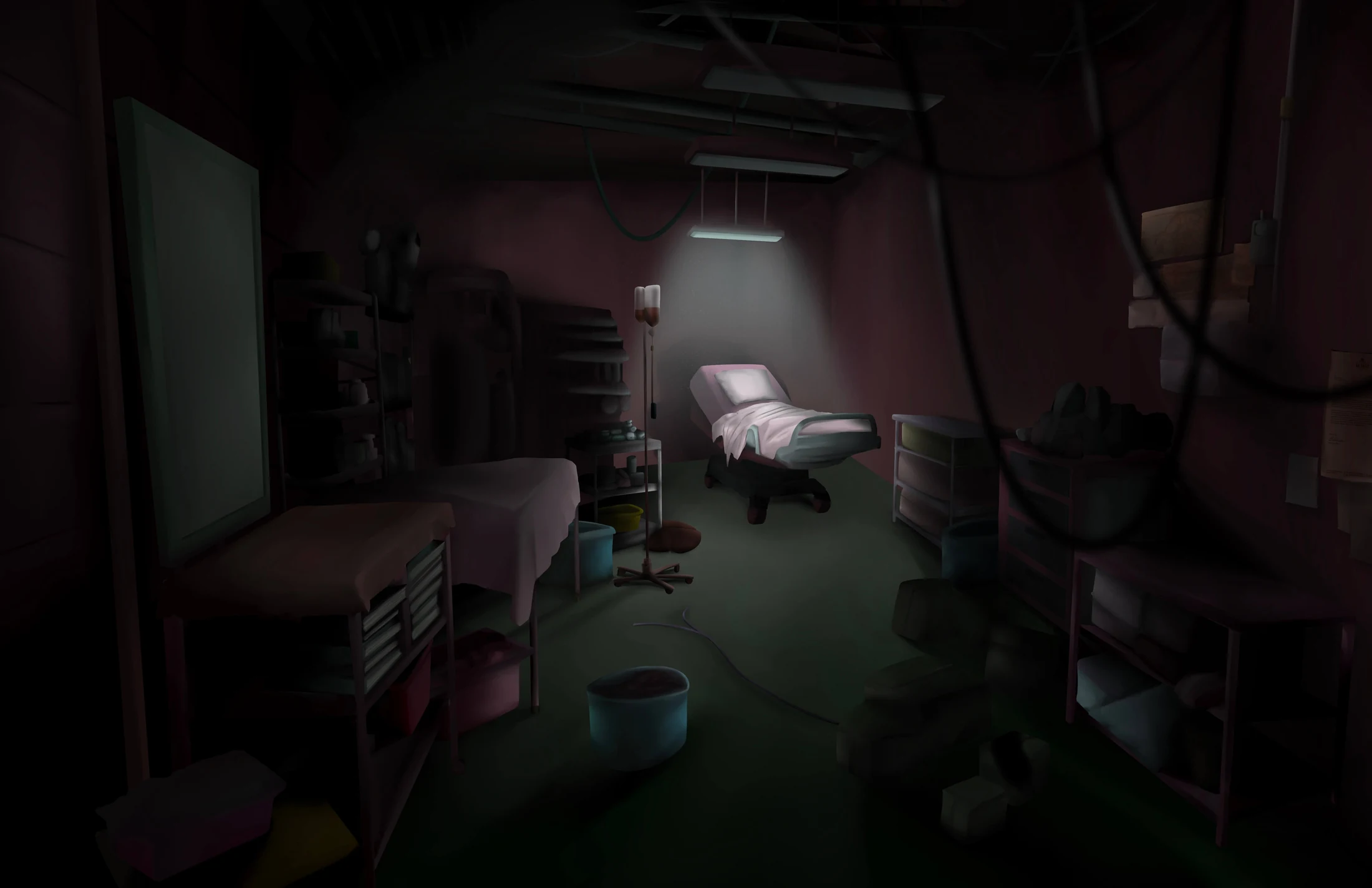 Hospital environment concept painting: dark abandoned hospital corridor with a check-in counter and examination beds