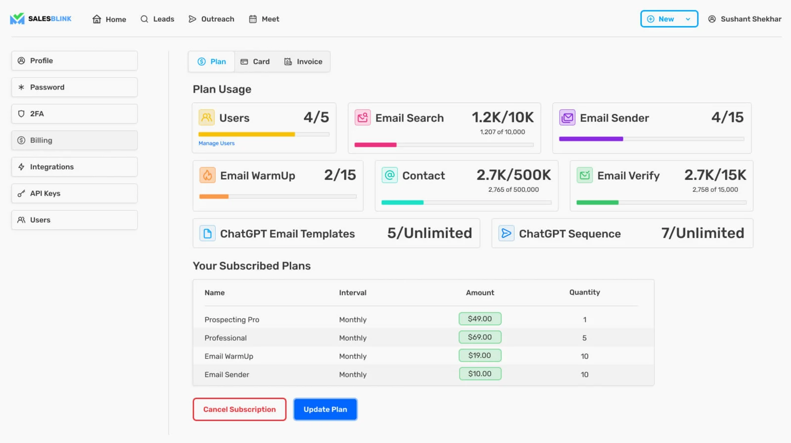 SalesBlink plan usage and billing