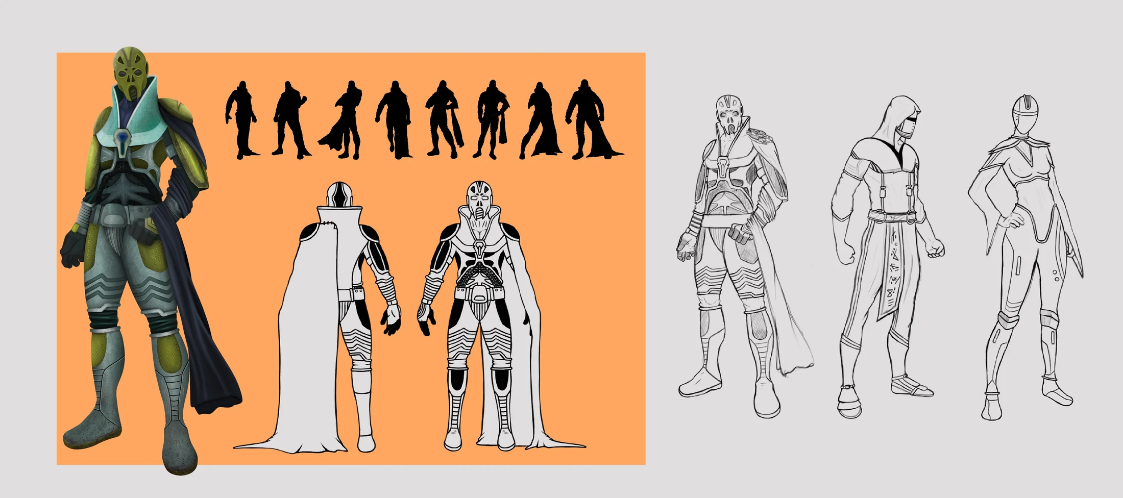 Ronok concept artwork: green armored soldier in kneeling and action poses, orthographic views, and coffee pack prop studies