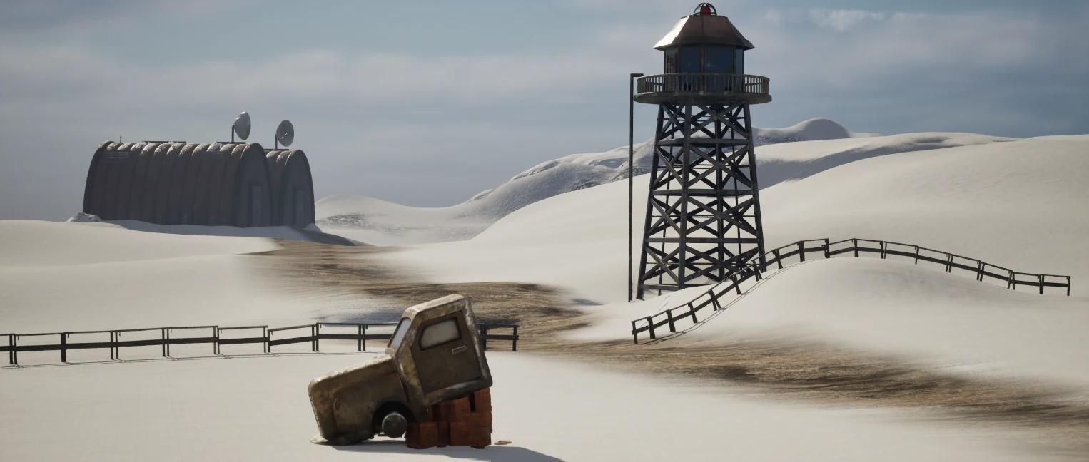 3D scene render: broken car, military shelter, and watch tower in a snowy landscape