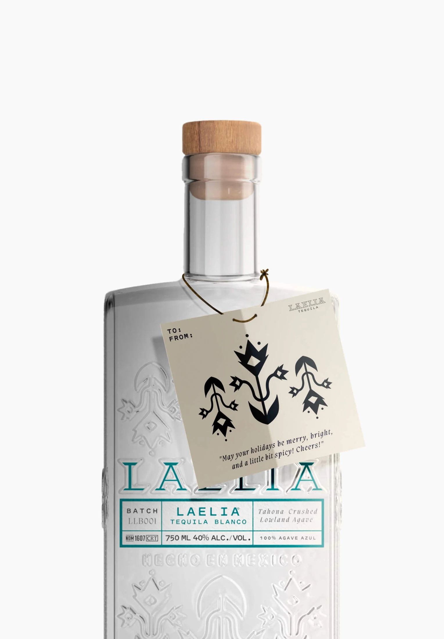 Laelia Tequila bottle mockup, holiday tag