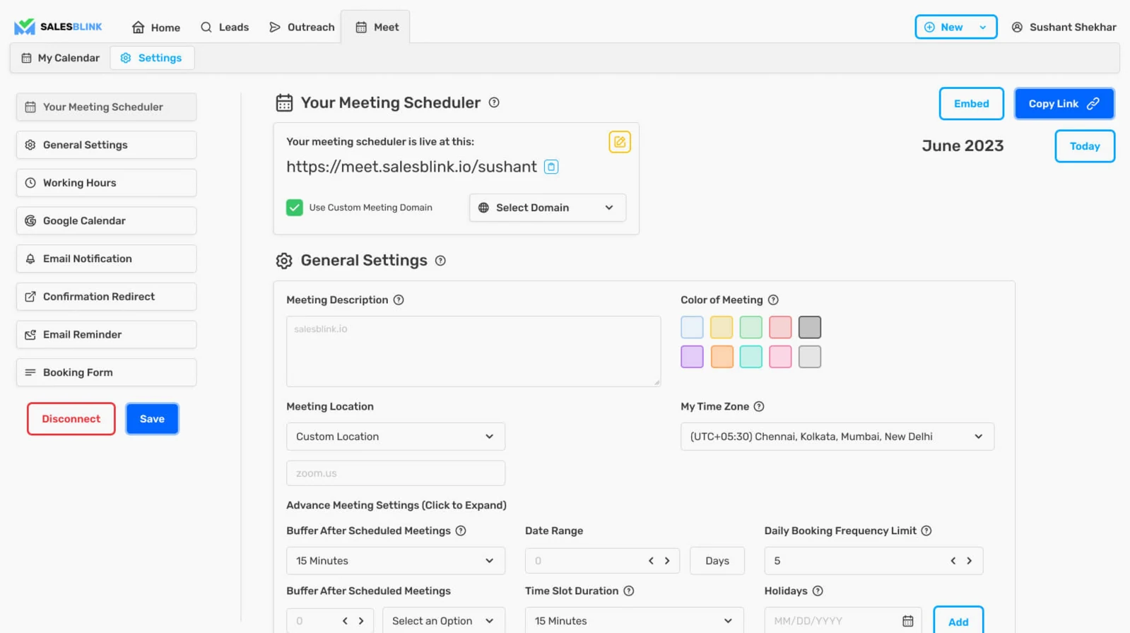 SalesBlink meeting scheduler settings