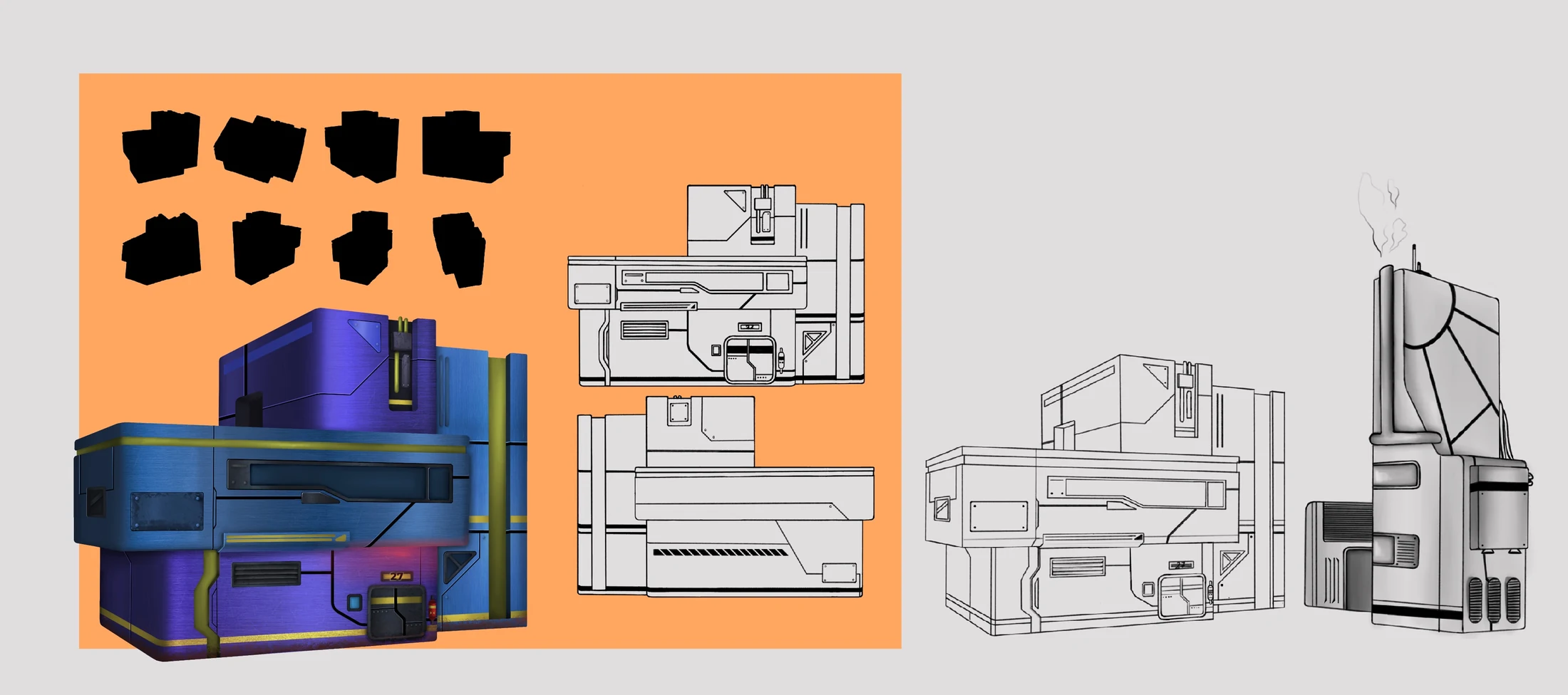 Lab 27 concept sheet: line drawings of square and round windows, wall lights, a pillar, and vent panels