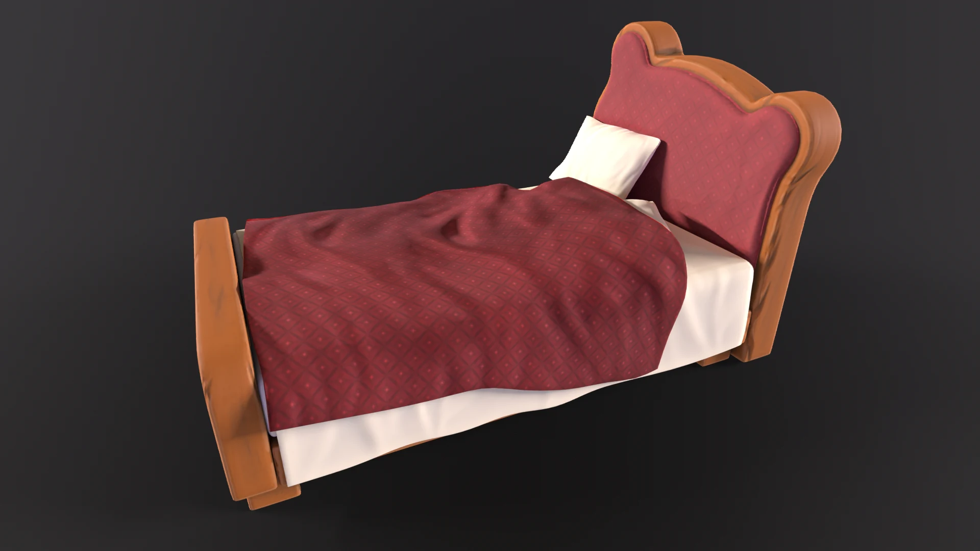 Stylized bedroom furniture: bed with a red patterned blanket