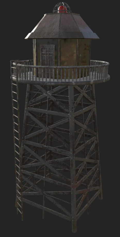 Weathered steel watch tower with cabin and railing, angled view