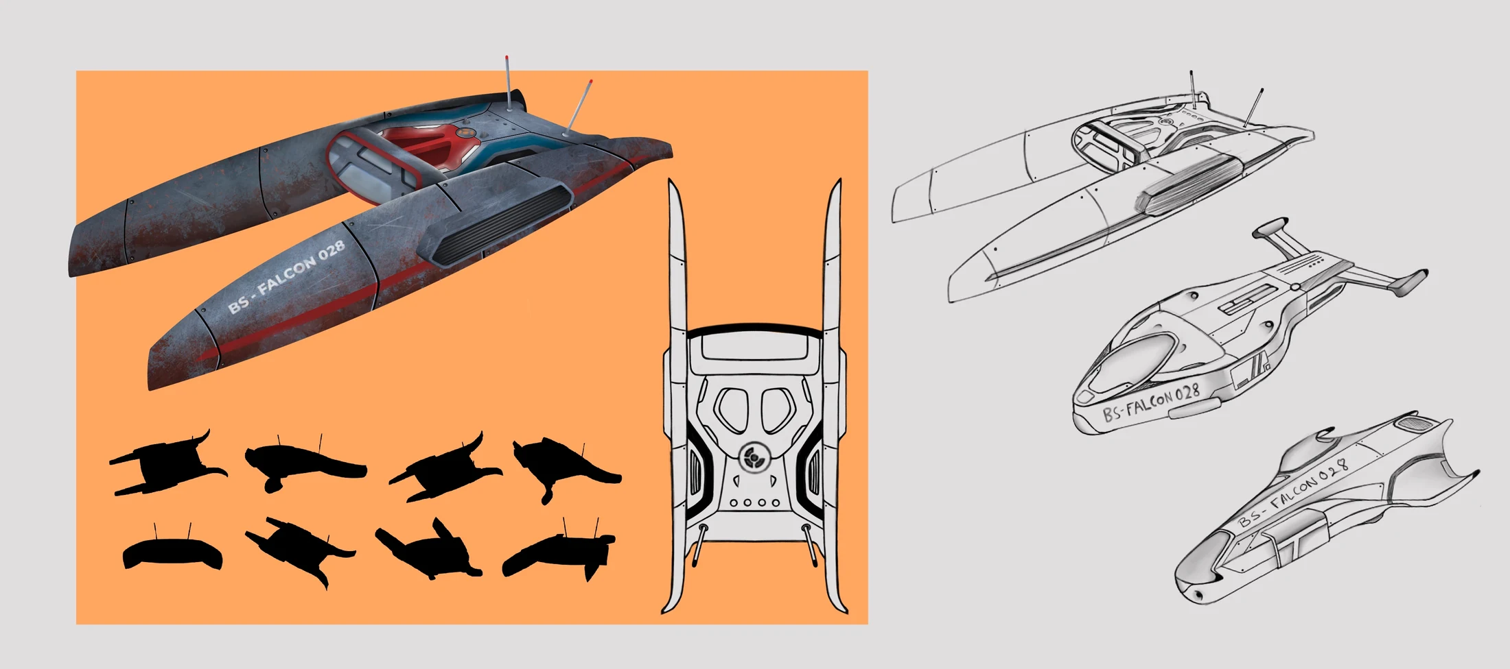 BS-Falcon 028 vehicle concept sheet: orthographic views, color studies, thumbnail sketches, and logo for a futuristic vehicle