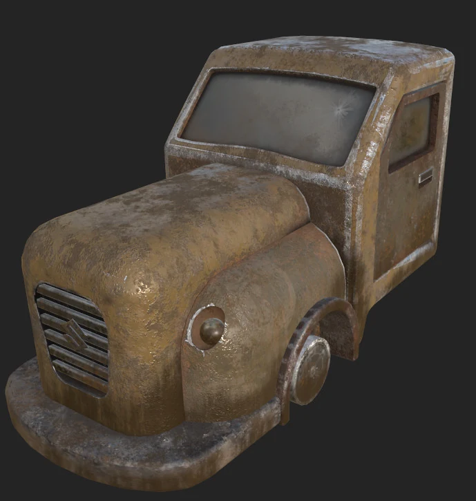 Rusty broken car, textured angled view