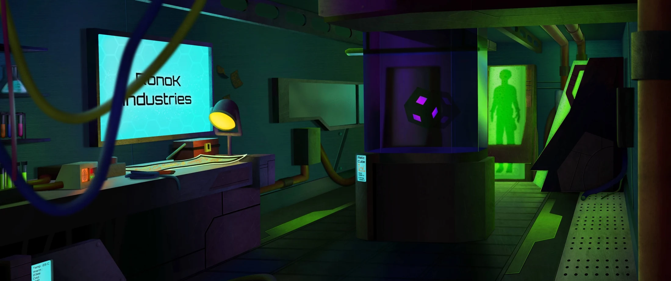 Ronok Industries laboratory concept painting: futuristic lab interior with a robotic arm, specimen capsules, and a glass booth