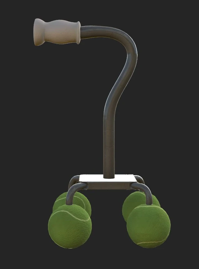 Stylized walking cane prop with four tennis-ball feet, front view