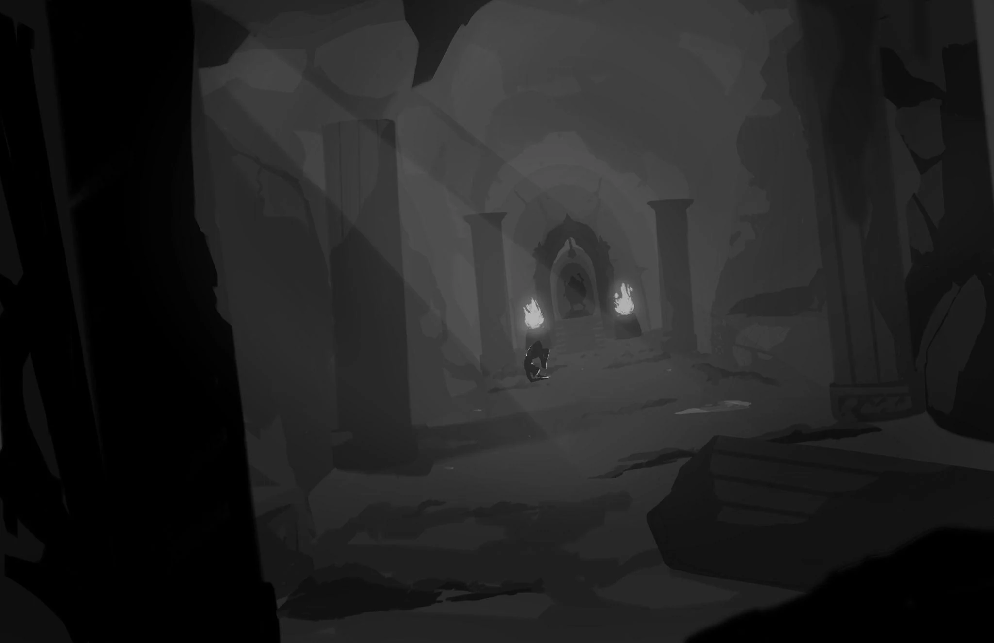 Cave environment thumbnail: dark cavern with teal crystals, green fungus patches, and a glowing orange creature