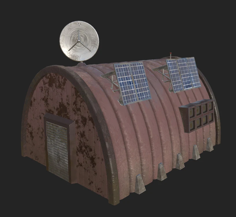 Arched military shelter with satellite dish and solar panels, angled view