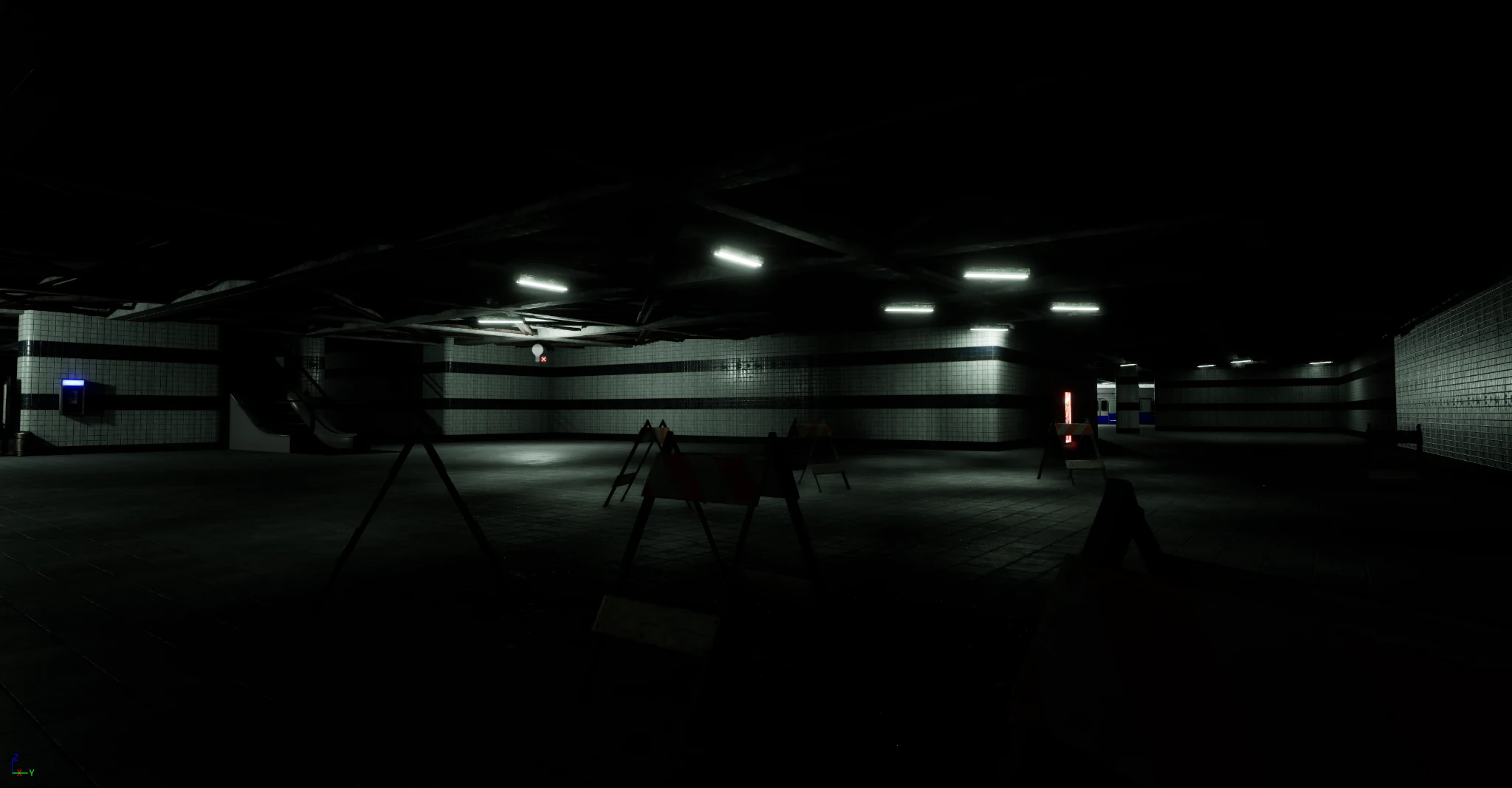 Tracks of Terror: dark station hall with barricades under fluorescent lights