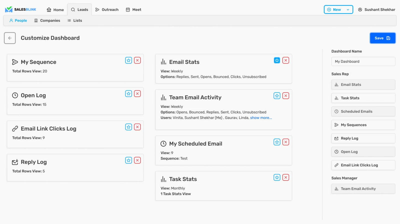 SalesBlink customize dashboard