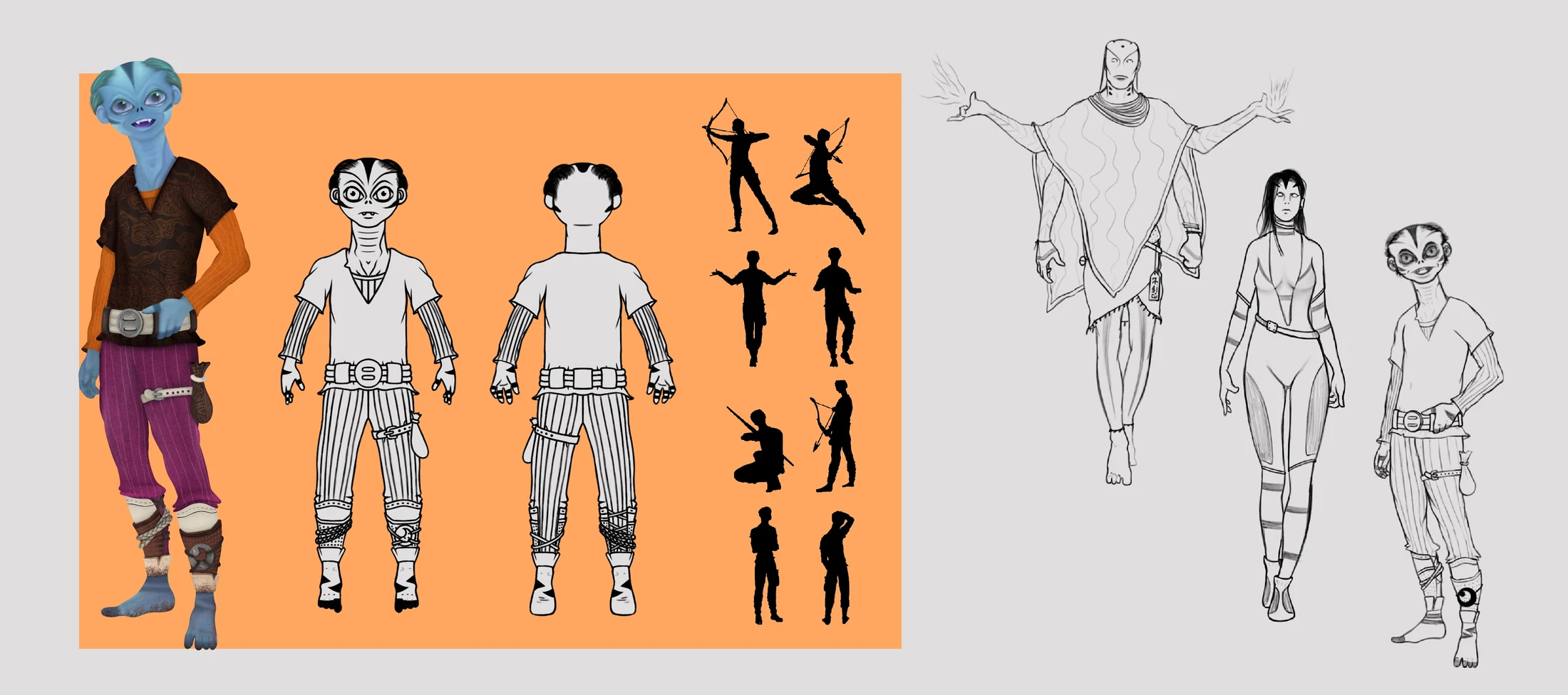 Vaswa character concept sheet: color variants, orthographic turnarounds, and action-pose silhouettes