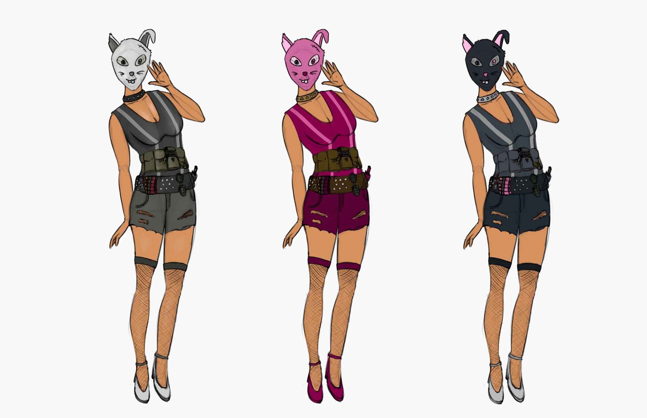 Masked characters concept painting: three figures wearing spiderweb-pattern masks in front of a mandala backdrop