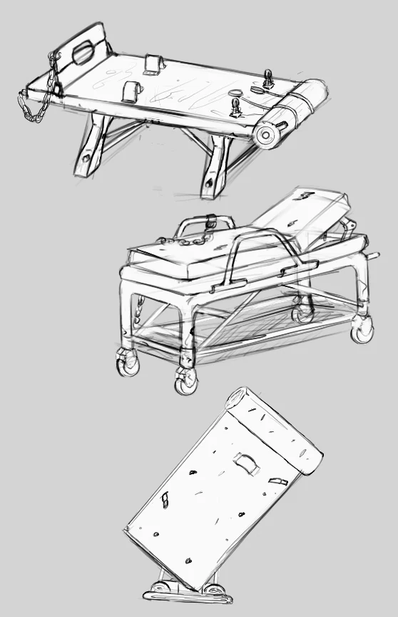 Torture bed concept sketches: pencil studies of wheeled hospital beds and an inclined platform